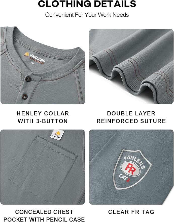 FR Shirts for Men Light Weight Flame Resistant Henley Shirts Long Sleeve Shirts HRC2/CAT2 6.5oz 100% Cotton