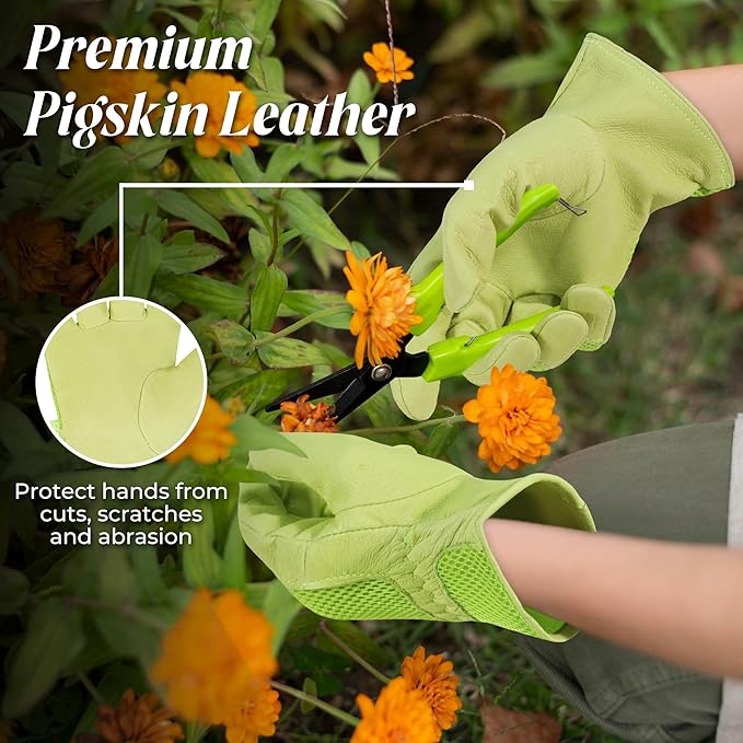HANDLANDY Work Gloves for Women, Breathable Leather Gardening Glove for Yard Maintenance, Hand Protection with Touch Screen