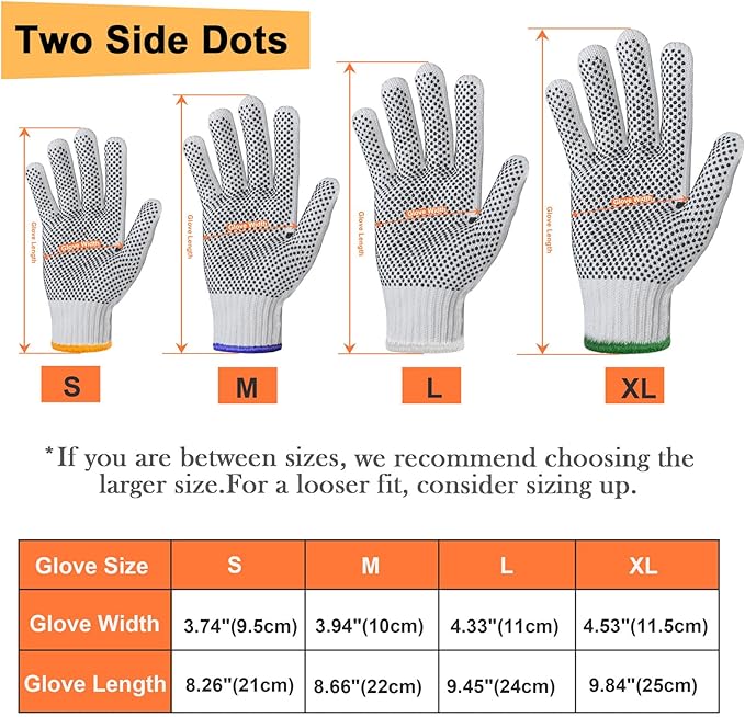 Evridwear Cotton Polyester String Knit Shell Safety Protection Work Gloves for Painter Mechanic Industrial Warehouse Gardening Construction Men & Women 12 Pairs, With Two Side dots, XL Size