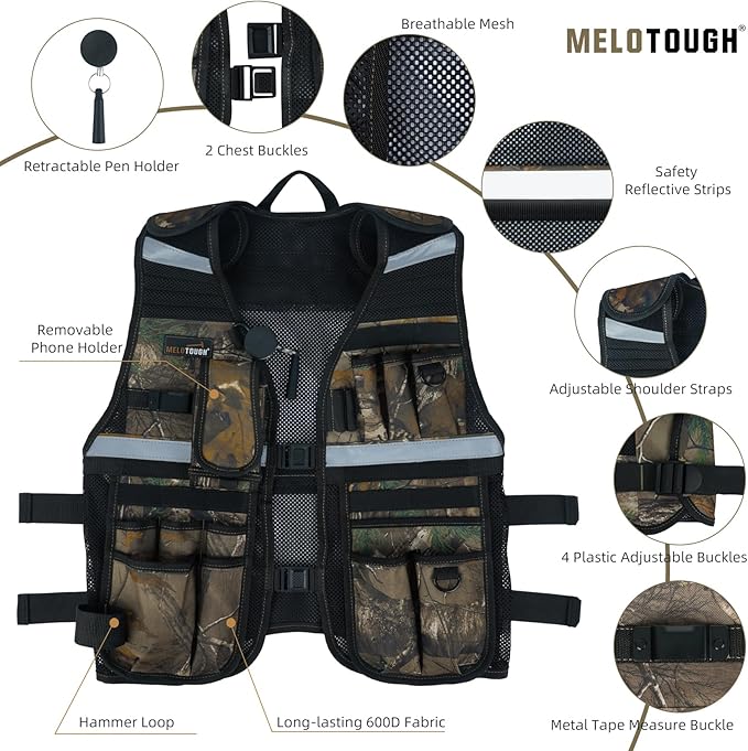 MELOTOUGH Tool Vest for Men Reflective Safety Tool Vest with Adjustable Straps,Removable Phone Holder for Electrical,Carpenters,Construction(Camo)