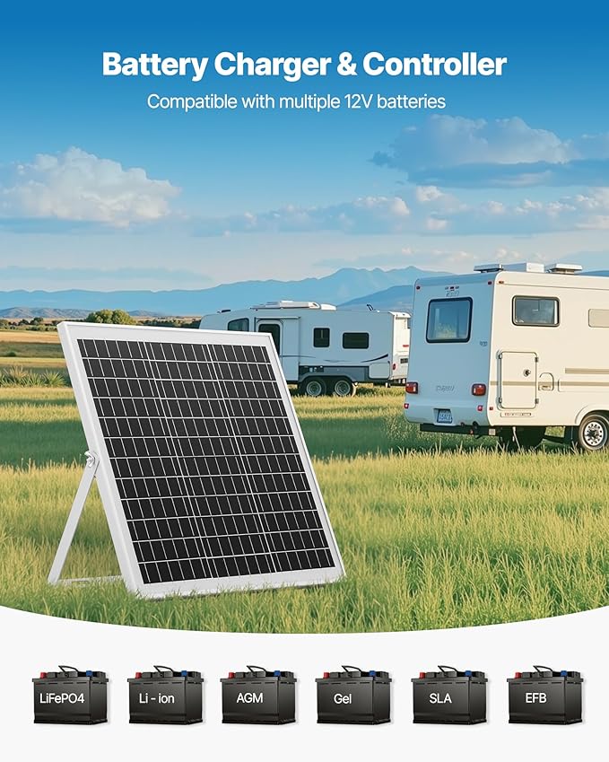 VEVOR 20W 12V Solar Panel Battery Charger, Solar Battery Trickle Charger Maintainer with Intelligent MPPT Controller & Adjustable Mount Bracket, IP67 Waterproof for Car Boat RV Motorcycle Trailer