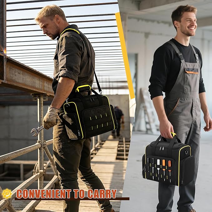 Tool Bag with 3 Removable Cases, 2 Layers Tool Tote for Hand Tools, Black with Yellow Binding