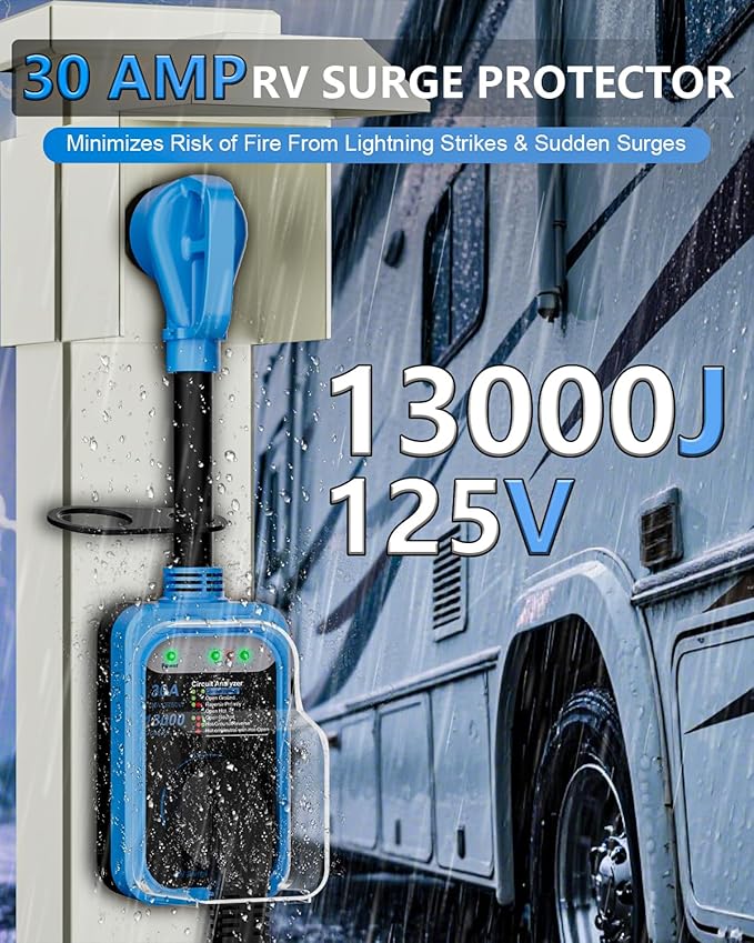 RV Surge Protector 30 Amp, 13000 Joules RV Circuit Analyzer with Waterproof Cover,RV Adapter Plug for Camper Travel Trailers (30AMP-Blue)