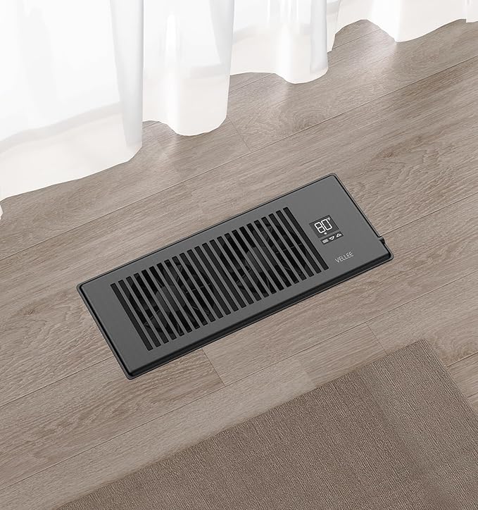 VELLEE Quiet Register Booster Fan Fits 4" x 12" (DUCT OPENING CUTOUT), 10-Speed Smart Heating Cooling AC Vent Booster Fan w/Remote Control & Thermostat Control (Black) - Corded