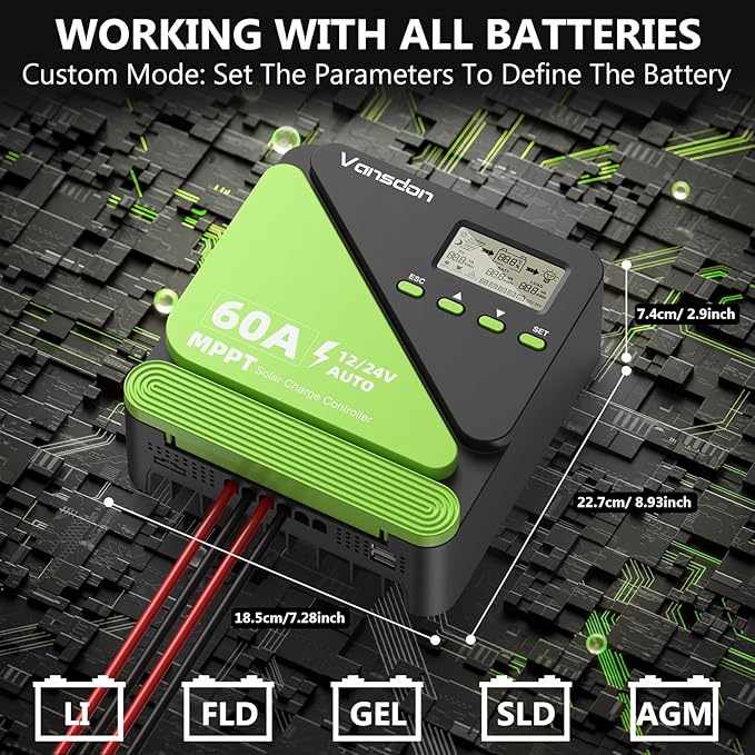 60A Solar Charge Controller 12V/24V MPPT Solar Charge Controller, Adjustable LCD with Timer, Dual USB Ports, for RV, Boat, Cabin, Off-Grid Systems, Compatible with FLD/LiFePO4/SLD/GEL/AGM