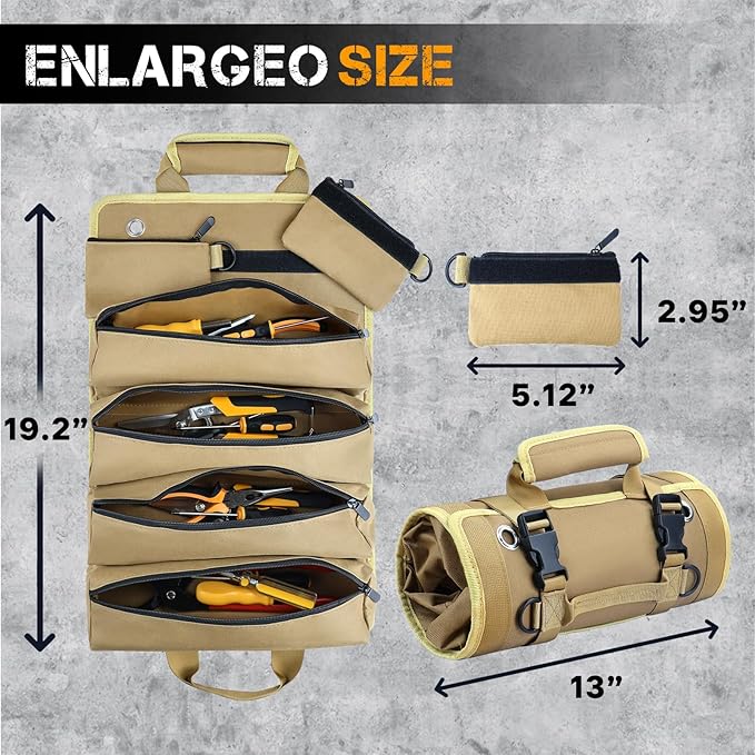 Roll Up Tool Bag, Heavy Duty Tool Organizer with 2 Detachable Pouches, Father's Day Gifts for Dad, Durable Tool Storage for Men Women, Perfect for Husband, Handyman, RV Owners, Dad Birthday, Khaki