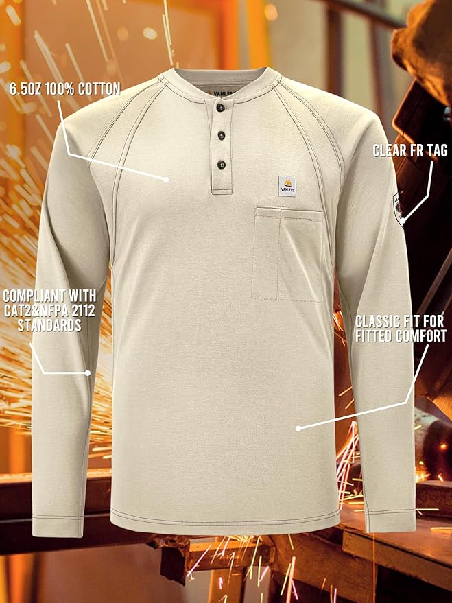 FR Shirts for Men Light Weight Flame Resistant Henley Shirts Long Sleeve Shirts HRC2/CAT2 6.5oz 100% Cotton