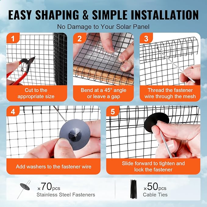VEVOR 8 inch x 100ft Solar Panel Bird Guard, Critter Guard Roll Kit with 70pcs Durable Metal Fasteners, Solar Panel Guard with Rust-Proof PVC Coating, 1/2 inch Wire Roll Mesh
