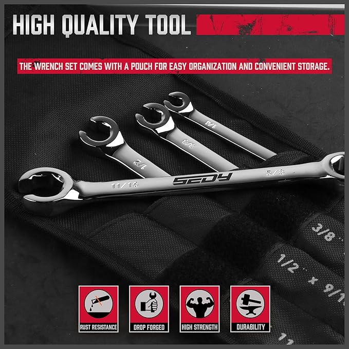 4-Piece Flare Nut Wrench Set - SAE Brake Line Wrench 1/4, 5/16, 3/8, 7/16, 1/2, 9/16, 5/8, 11/16-inch, Professional Offset Heads, Portable Organizer Pouch Included
