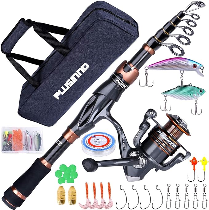 PLUSINNO Fishing Rod and Reel Combos, Bronze Warrior Toray IM6 Carbon Matrix Telescopic Fishing Rod Pole, 12 +1 Shielded Bearings Stainless Steel BB Spinning Reel, Travel Freshwater Fishing Gear