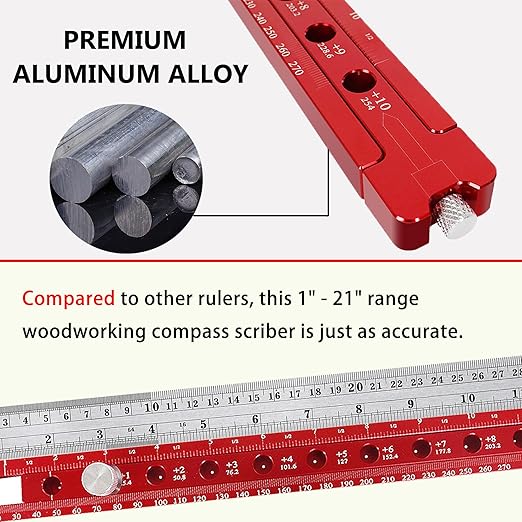 Large Compass for Drawing Circles, Portable Aluminum Alloy Woodworking Arc Ruler, Metric/British Carpenter Fixed-Point Marking Gauge Tool