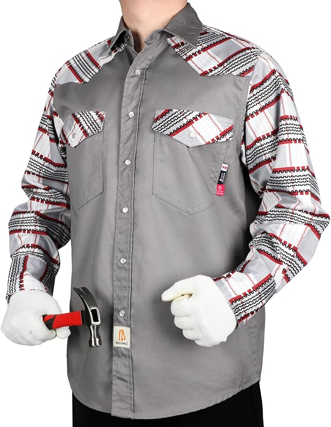 BOCOMAL FR Shirts Pearl Snaps Two Tone Plaid/Solid Flame Resistant Cotton Welding Shirt NFPA 2112 CAT 2