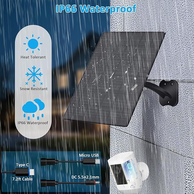 FUTUREZEN Solar Panel for Security Camera, 10W Solar Charger with DC 5.5x2.1mm, USB-C & Micro USB Port, IP66 Waterproof, 360° Adjustable Mount, 7.2FT Cable, Black