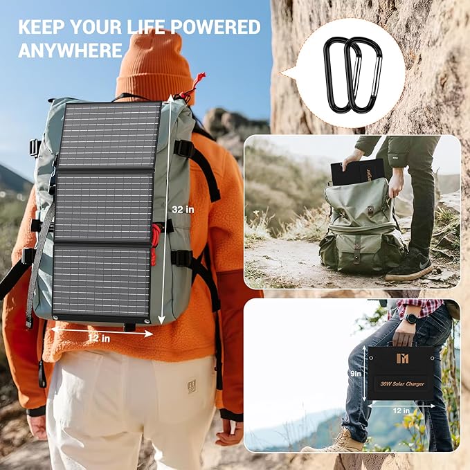 30W Solar Panel Charger Portable Foldable with USB-C & USB-A 18V MC4 DC Fast Charging for Backpacking Travel Camping iPhone LG Google Cell Phone Power Bank Generator Power Station