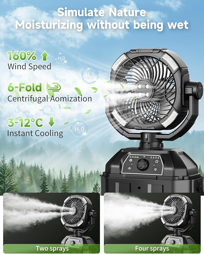 Misting fan with 7L bucket 90°Oscillating ,4 Spray Mister 25000mAh Rechargeable Camping fan with Remote Control Stepless Speed and Timer for Patios/Camping，Waterproof Design Outdoor Fans (Black)