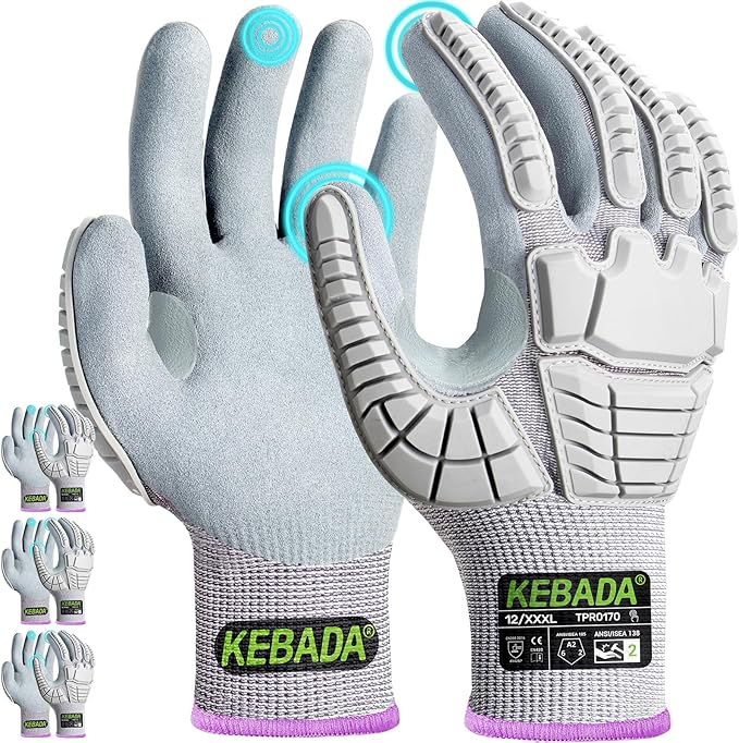 Kebada Impact Protection Gloves, ANSI A2 Cut Resistant Work Gloves with Grip, Touchscreen, Sandy Nitrile Coated