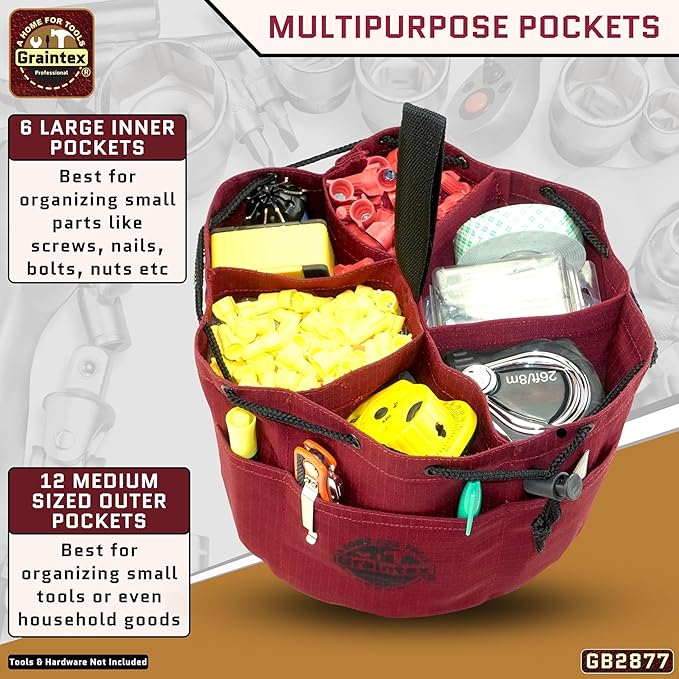 Graintex 18 Pockets Grab Bag Rip-stop Canvas Drawstring Closure, Small Part Organizer Pouch, Small Tools, Screws, Parts, Parachute Tool Bag for Efficient Storage - Burgundy