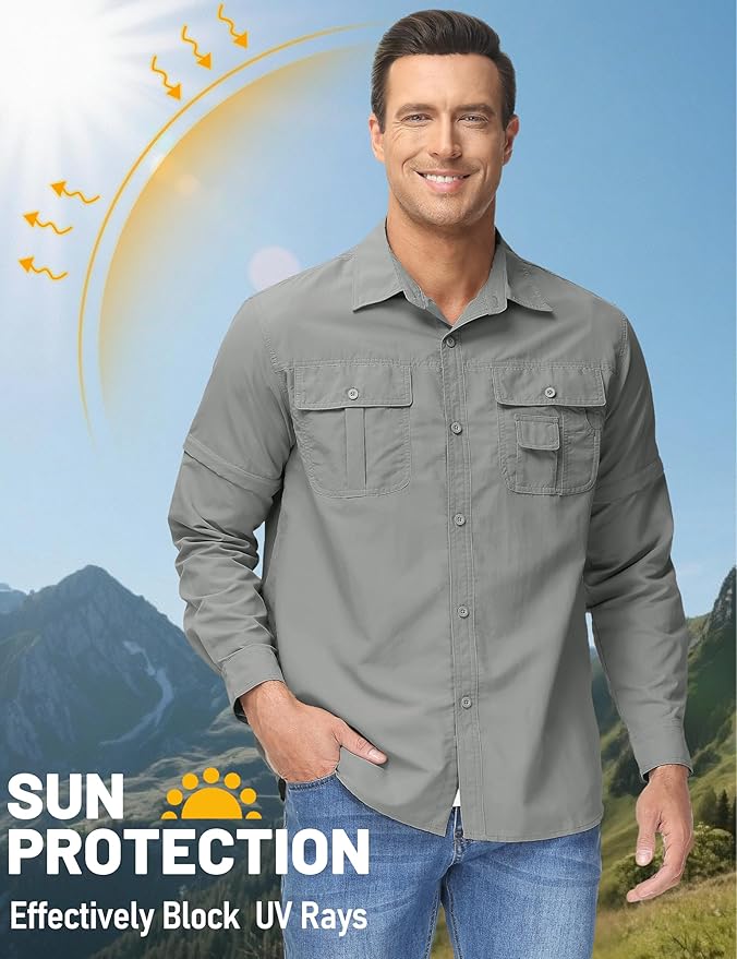 TACVASEN Men's Convertible Long Sleeve Fishing Shirts Lightweight Quick Dry Button Up Tactical Sun Shirts for Safari Hiking