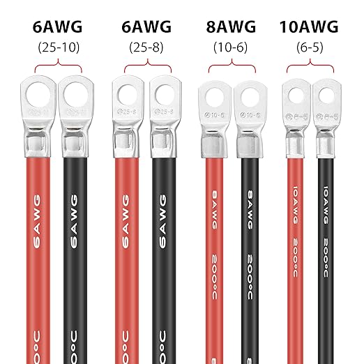 Jtron 20 inch Cable 6 AWG (25-8) Specification red + Black Pure Copper Battery Inverter Cable Solar, Marine lugs can be Used for Battery Switch(Available Current 200A)
