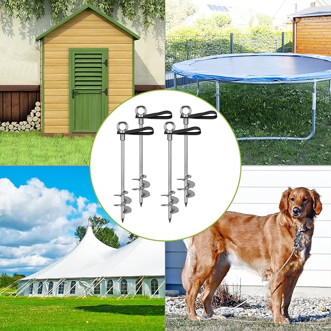 Fully Welded Ground Trampoline Anchors, 18'' Spiral Mobile Home Anchors, 6pcs Earth Anchor Heavy Duty Shed Anchor Kit with Straps for Securing Swing Sets, Animals, Trees, Tents, Shed, Carport