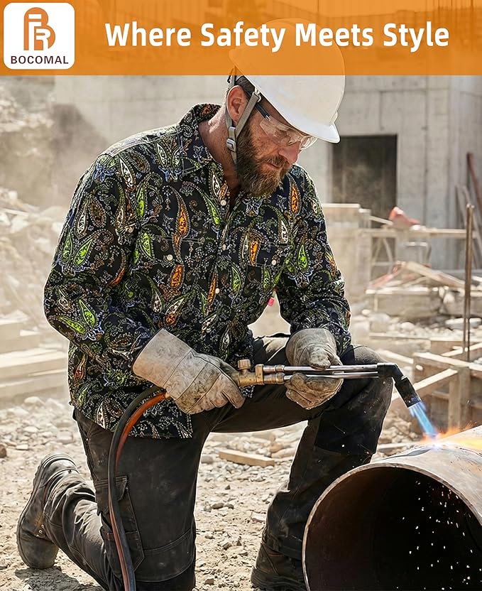 BOCOMAL FR Shirts for Men Printed Plaid Flame Resistant Clothing 6.5oz Cotton Button Up Welding Shirts NFPA2112 CAT2