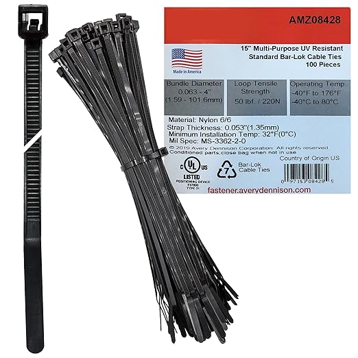 Bar Lok 15” Zip Ties – 100 Pieces, Black – Made in America – Weather, UV & Impact Resistant Plastic Cable Ties for Binding Bundling & Organizing Wire Cable & More – Indoor & Outdoor (15", 100ct)