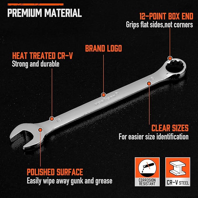 HORUSDY 22-Piece Wrench Set | Metric & SAE Combination Wrench Set with Organizer | 12 Point | Chrome Vanadium Steel