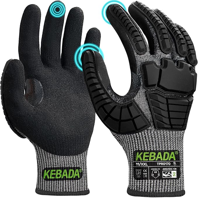Kebada Impact Protection Gloves, ANSI A2 Cut Resistant Work Gloves with Grip, Touchscreen, Sandy Nitrile Coated