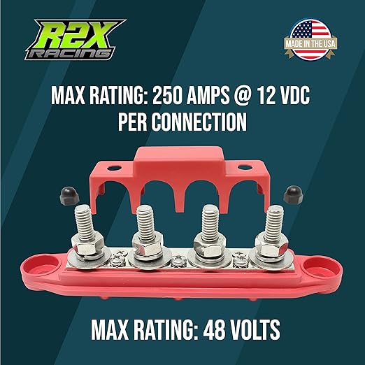 4 Post Power Distribution Block Bus Bar with Cover - Made in The USA - 250 Amp Rating - Marine, Automotive, and Solar Wiring (5/16" - Red)