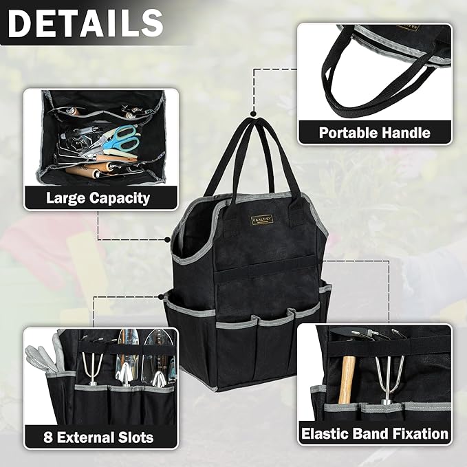Garden Tool Bag | Heavy-Duty 16oz Waxed Canvas Garden Tool Tote with 8 Pockets | L9.5" x W6" x H15.5" | Tools Storage Bag for Gardeners, Portable Tool Organizer for Garden Essentials