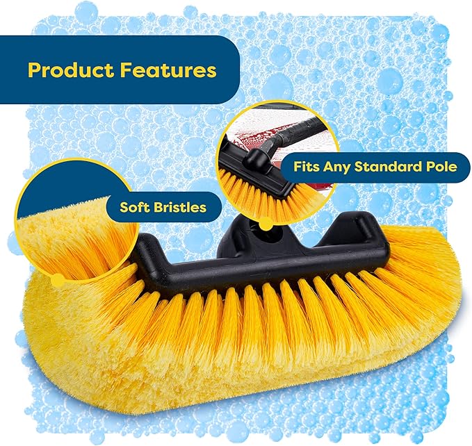 SCRUBIT 12" Car Wash Brush with Soft Bristles for Car, Truck, Boat Deck & House Cleaning, Exterior Washing Brush Connects with Pole & Hose, Storage Bag Included (Yellow)
