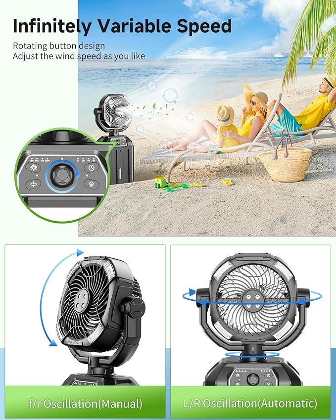 Misting fan with 7L bucket 90°Oscillating ,4 Spray Mister 25000mAh Rechargeable Camping fan with Remote Control Stepless Speed and Timer for Patios/Camping，Waterproof Design Outdoor Fans (Black)