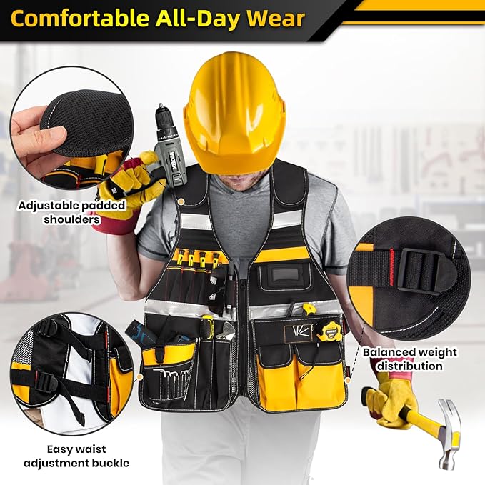 Electrician Tool Vest, Electrician Vest for Men, 21 Compartments, Reflective Workwear with Drill Holster, Adjustable Waist & Upgraded Comfortable Neck Opening