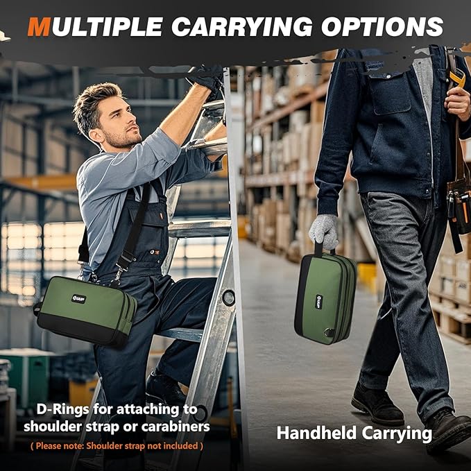 12 Inch Small Tool Bag, Zipper Tool Pouch Two Compartments Heavy Duty, Utility ToolBag with Carrying Handle D-Rings, Tools Storage Organizer for Electrician Mechanic, Gift for Men Dad,Green