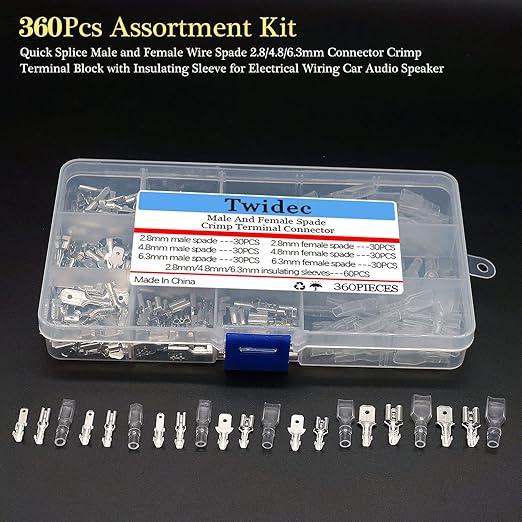 Twidec/360Pcs 2.8/4.8/6.3mm Quick Splice Male and Female Wire Spade Connector Crimp Terminal Block Assortment Kit with Insulating Sleeve for Electrical Wiring Car Audio Speaker with Crimping Pliers