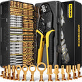 Crimping Tool Kit, 14-Type Open Spade & Quick-Disconnect Connector Set (2.8/3.9/4.8/6.3 mm) Non-Insulated Brass Terminals, 24–14 AWG Ratcheting Crimper, for Automotive, Marine, Appliance, DIY