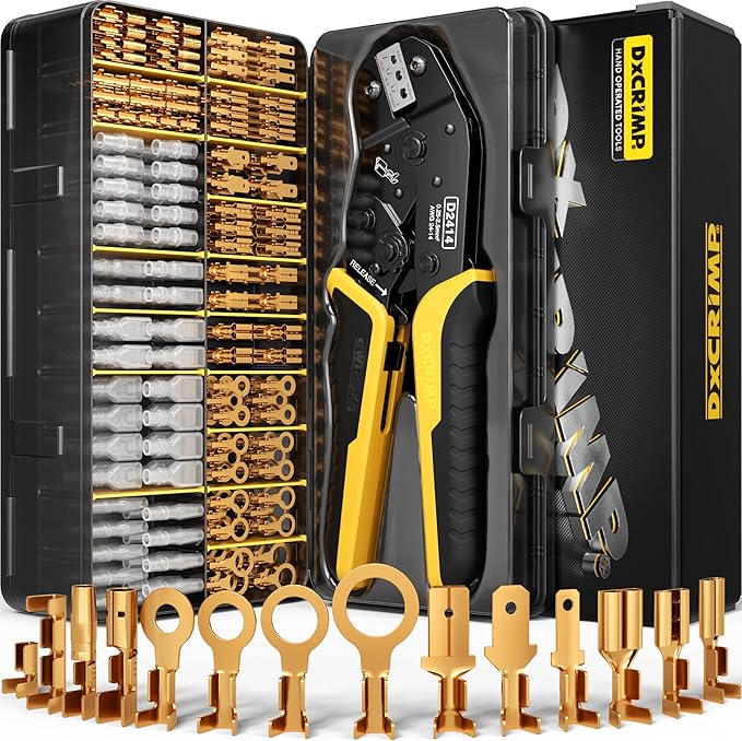 Crimping Tool Kit, 14-Type Open Spade & Quick-Disconnect Connector Set (2.8/3.9/4.8/6.3 mm) Non-Insulated Brass Terminals, 24–14 AWG Ratcheting Crimper, for Automotive, Marine, Appliance, DIY