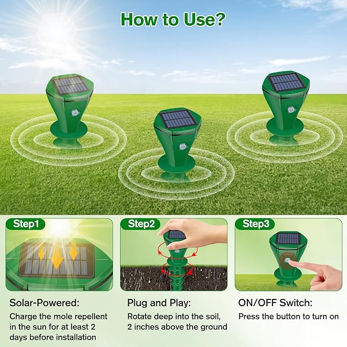 Mole Repellent Solar Powered, 2 Pack Ultrasonic Gopher Repeller IP65 Waterproof for Lawn Garden Yard, Sonic Vole Repellent Mole Killer Outdoor Get Rid of Snake Groundhog Chipmunk Squirrels-Green