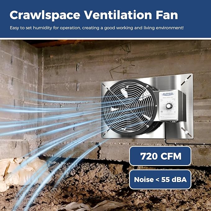 ALORAIR 720 CFM Stainless Steel Crawl Space Vent Fan - Air Out Ventilation Fan with Humidistat Dehumidistat, IP55 Rated Exhaust Fan with Isolation Mesh for Crawlspace Foundation Basements Garage Attic