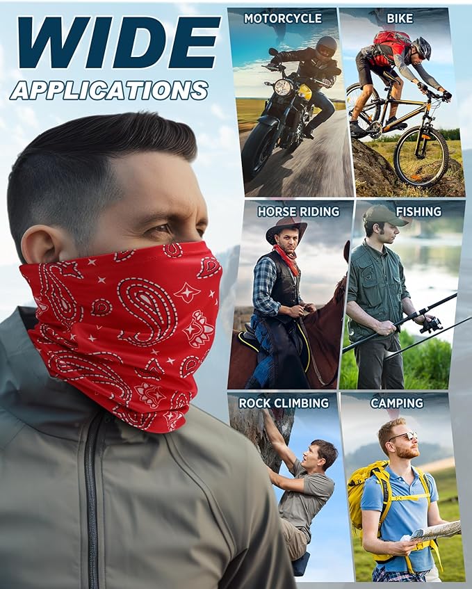 Cuffbow 12 Pack Neck Gaiters Face Mask Bandana Balaclava for Men Women Cooling Neck Gaiter Summer UV Sun Protection Scarf