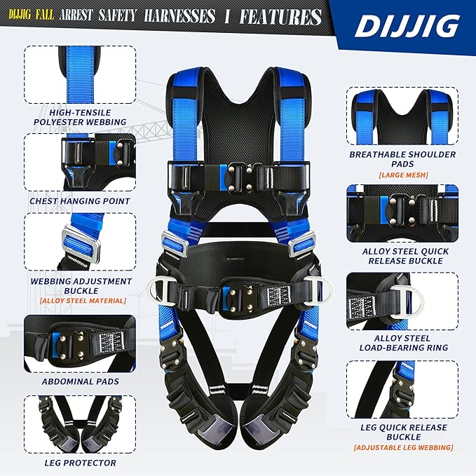 Safety Harness Fall Protection Kit with Shock Absorbing Lanyard & Suspension Trauma Safety Straps Upgrade Quick Buckles, Roofing Harness Construction Harness Para Construccion ANSI Compliant Blue