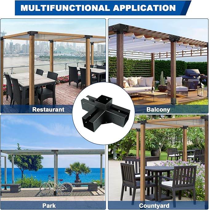 Pergola Gazebo Brackets Kit Nopwer - 4-Way Right Angle Corner Bracket for 4x4 Inch Wood Beams