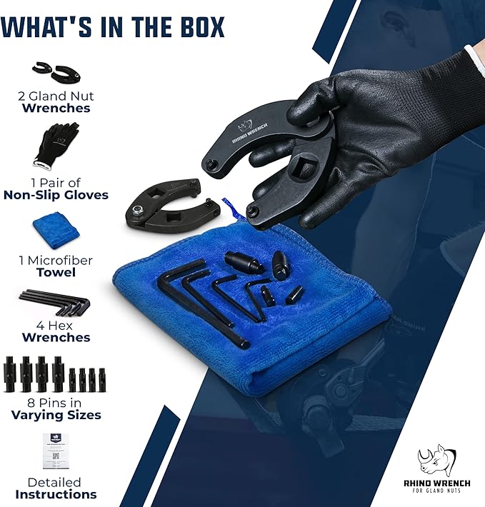 Rhino Gland Nut Wrench - Set of 2 Hydraulic Cylinder Spanner Wrench Adjustable - Spanner Wrench Set Includes Gloves, Microfiber Towel, Pins & Allen Wrenches, Suitable for Farm & Construction Equipment