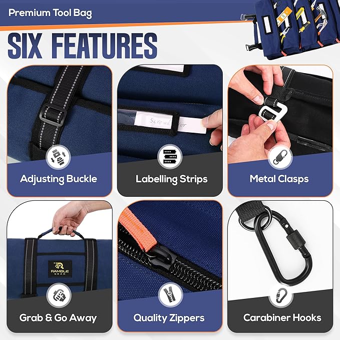 Roll Up Tool Bag Organizer – Heavy Duty Canvas Tool Roll Bag, Tool Roll Up with 5 Oversized Labeled Pockets & Carabiners, Portable Roll Up Tool Organizer for Mechanic, Truck & Car (Blue)