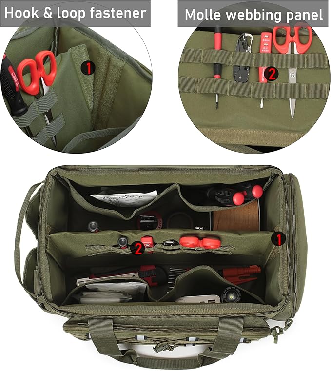 15-Inch Tool Bag Multi-purpose Tool Organizer Bag For Men with Shoulder Strap, Tactical Range Bag Work Tote for Repairman, Carpenters, Handymen (Army Green)