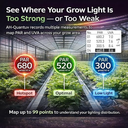 AH-Quantuv PAR Meter for Grow Lights, PPFD Meter 400-750nm with UVA Measurement 320-400nm, Shows PAR Breakdown of Blue Green Red, Records PAR & UVA for Light Distribution Mapping
