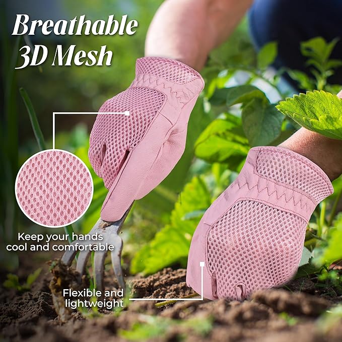 HANDLANDY Work Gloves for Women, Breathable Leather Gardening Glove for Yard Maintenance, Hand Protection with Touch Screen