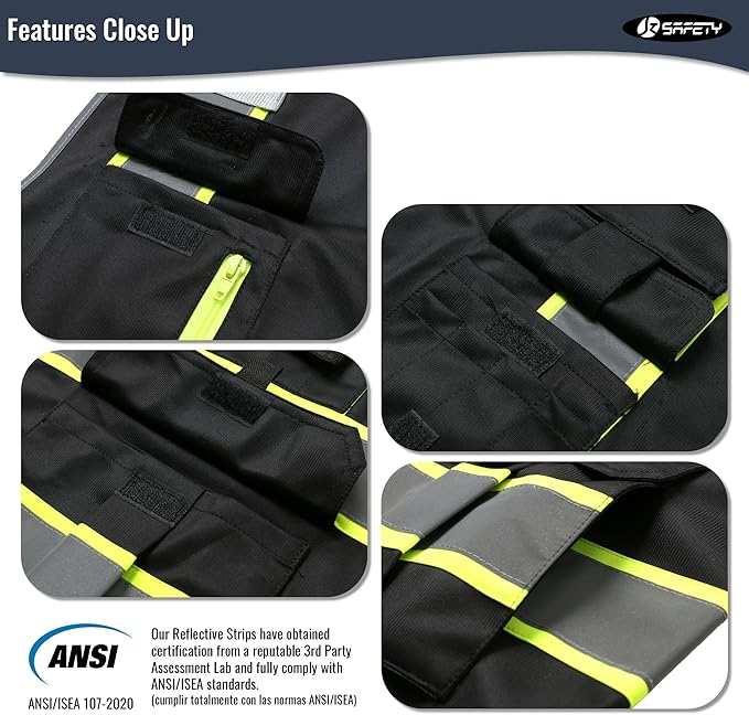 JKSafety 7 Pockets High Visibility Black Safety Vest for Men and Women Zipper Front with Hi-Vis Reflective Strips Meets ANSI/ISEA Standards(130-Black, X-Large)