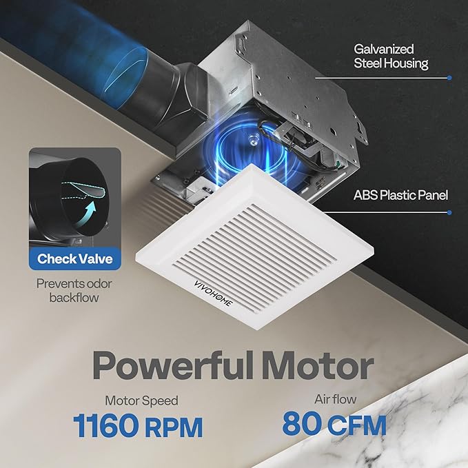 VIVOHOME Ultra-Quiet 80 CFM Bathroom Exhaust Fan, 1.5 Sone 95 Sq.Ft Coverage, 4'' Duct Ceiling Mount, White Shower Ventilation Fan