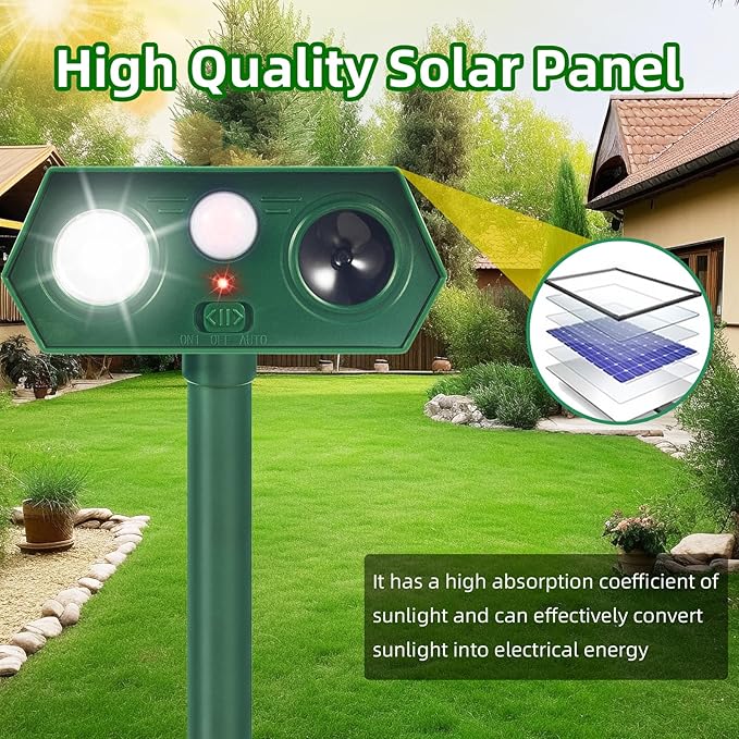 2026 Upgraded Solar Ultrasonic Animal Repeller Deer Repellent Devices with Motion Sensor & LED Strobe Cat Deterrent Outdoor to Keep Away Squirrel Rabbit Raccoon Dog for Yard, Lawn, Garden 4 Pack